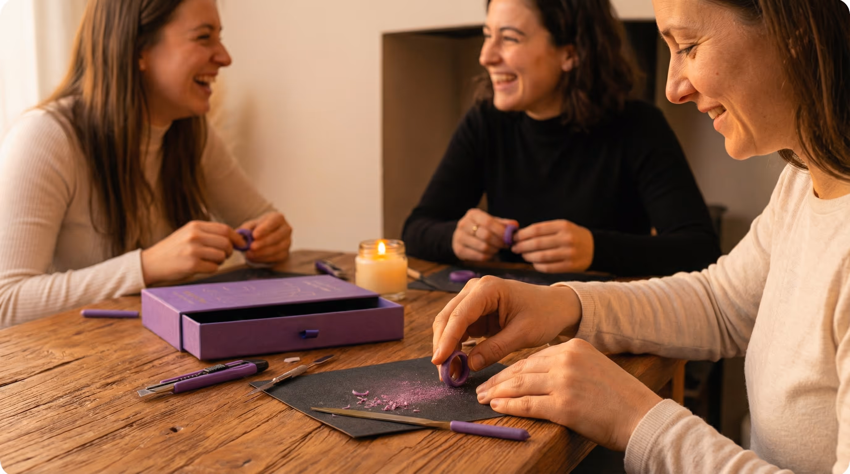 Two women smiling while carving wax rings together