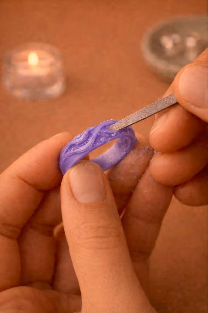 Hands carving wax ring with metal tool