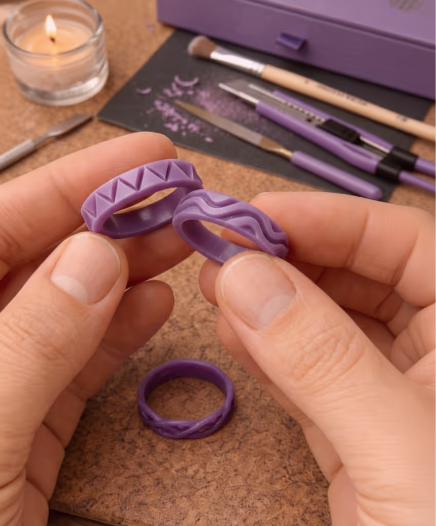 Holding finished wax ring with carved design