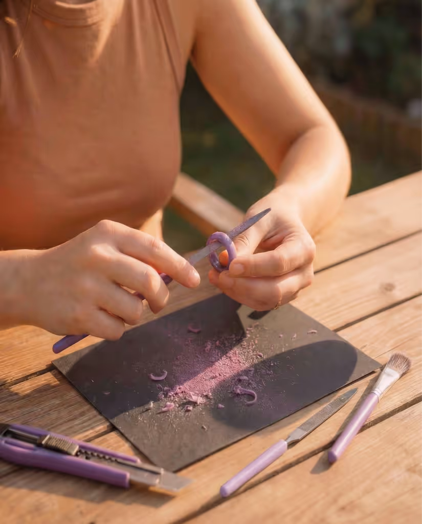 Person carving a wax ring at a wooden outdoor table
